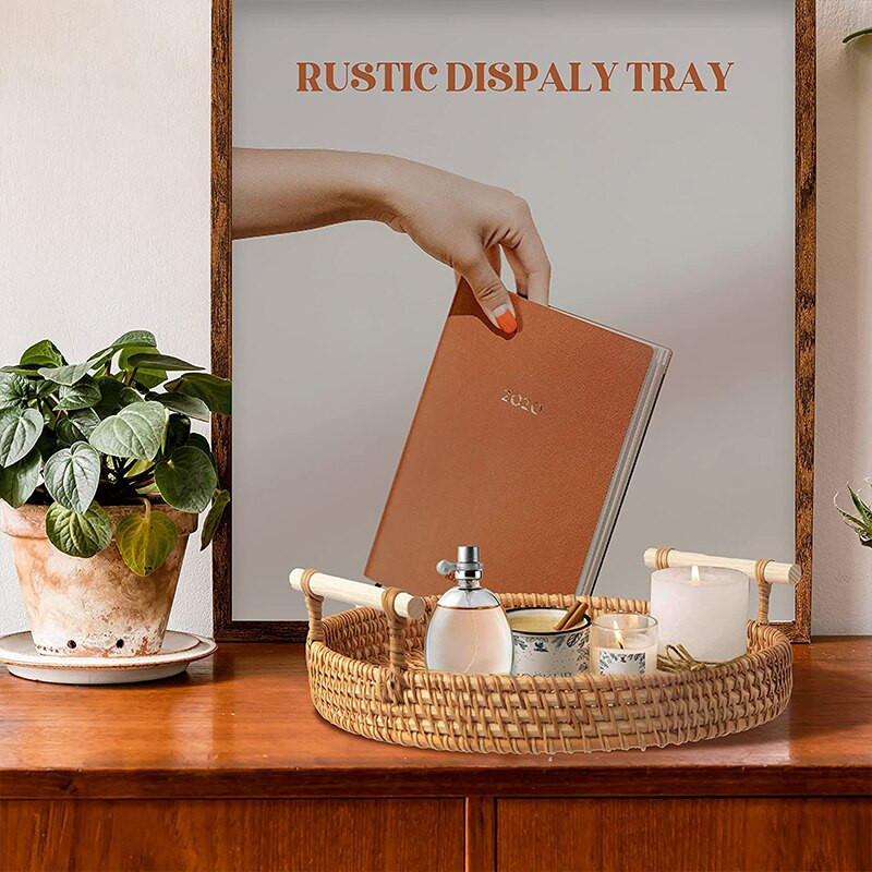 Rankų austo rotango laikymo padėklas su medine rankena Apvalus duonos krepšelis Vaisių pyragų lėkštė Maistas Kava Stalinio stalo dekoravimas Pinti padėklas