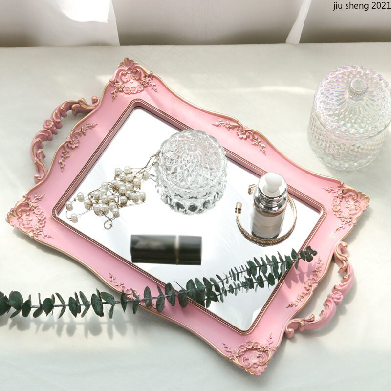 Tavă cu oglindă din rășină în stil european Comodă pătrată de lux Cosmetică Parfum Bijuterii Cutie de depozitare Cupă pentru alimente Tavă de depozitare bijuterii Decor