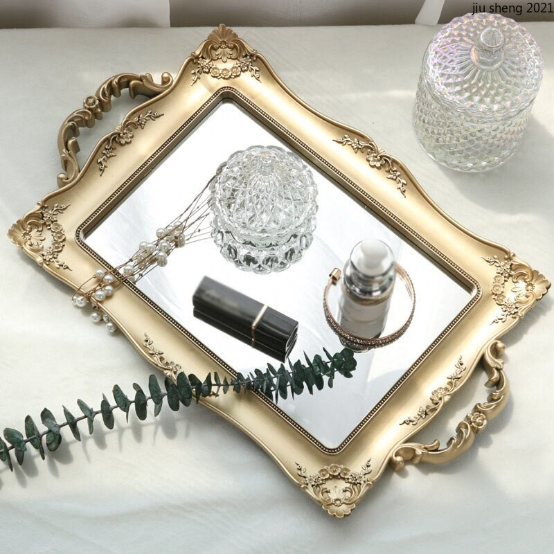 Tavă cu oglindă din rășină în stil european Comodă pătrată de lux Cosmetică Parfum Bijuterii Cutie de depozitare Cupă pentru alimente Tavă de depozitare bijuterii Decor