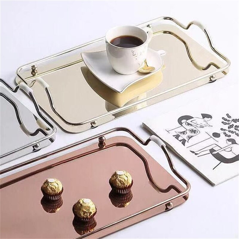 Pravokutni pladanj od nehrđajućeg čelika s ručkom Zlatno/srebrno ogledalo Torta Desert Čaj Kava Pladnjevi za posluživanje Dekoracija stola