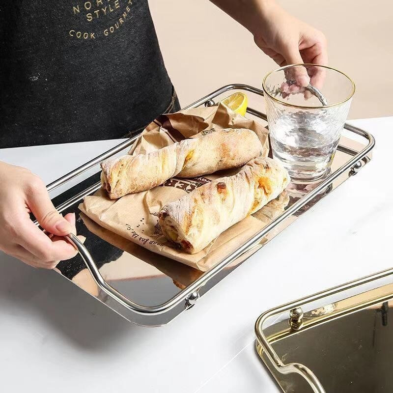 Pravokutni pladanj od nehrđajućeg čelika s ručkom Zlatno/srebrno ogledalo Torta Desert Čaj Kava Pladnjevi za posluživanje Dekoracija stola