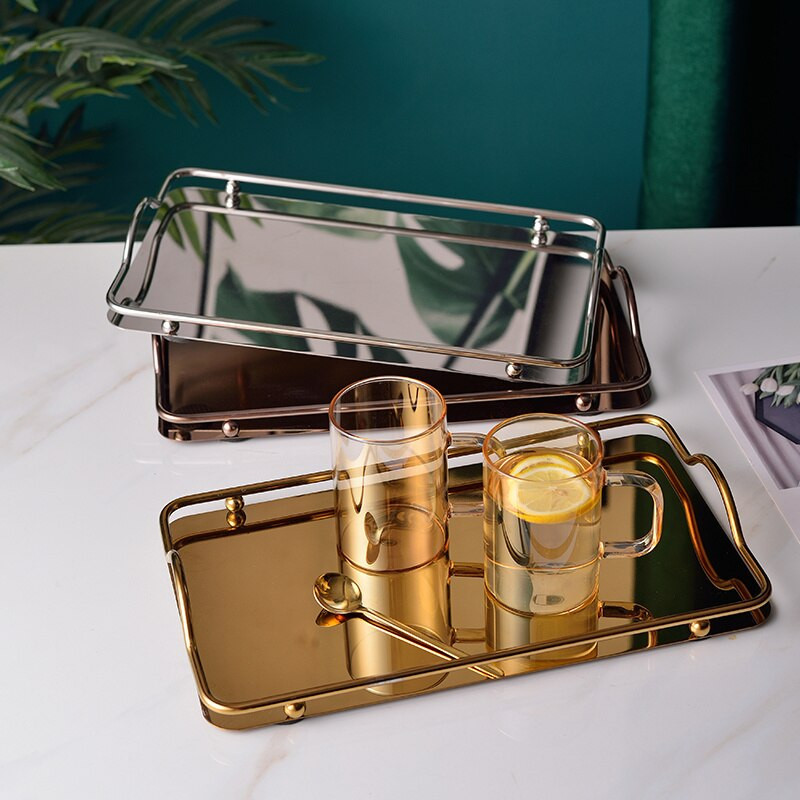 Pravokutni pladanj od nehrđajućeg čelika s ručkom Zlatno/srebrno ogledalo Torta Desert Čaj Kava Pladnjevi za posluživanje Dekoracija stola