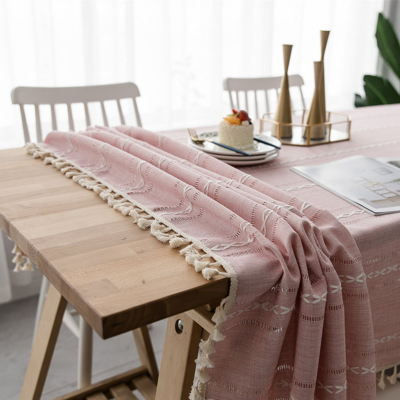 Față de masă din in Battilo Fețe de masă dreptunghiulare Moda scobite cu ciucuri Față de masă pentru masă Decorare elegantă de nuntă