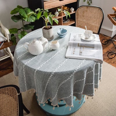 Στρογγυλό Τραπεζομάντηλο Ριγέ Τραπεζομάντηλο Φούντα Διακόσμηση Λινό Κάλυμμα Τραπεζιού Τσαγιού Κομψό Πρωτοχρονιάτικο Τραπεζομάντηλο Στρογγυλό Τραπεζομάντιλο Γάμου