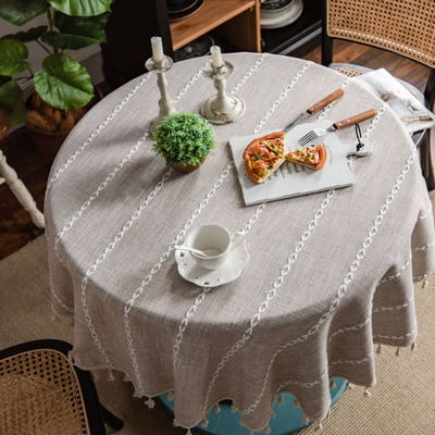 Στρογγυλό Τραπεζομάντηλο Ριγέ Τραπεζομάντηλο Φούντα Διακόσμηση Λινό Κάλυμμα Τραπεζιού Τσαγιού Κομψό Πρωτοχρονιάτικο Τραπεζομάντηλο Στρογγυλό Τραπεζομάντιλο Γάμου
