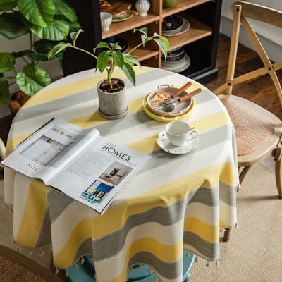 Στρογγυλό Τραπεζομάντηλο Ριγέ Τραπεζομάντηλο Φούντα Διακόσμηση Λινό Κάλυμμα Τραπεζιού Τσαγιού Κομψό Πρωτοχρονιάτικο Τραπεζομάντηλο Στρογγυλό Τραπεζομάντιλο Γάμου