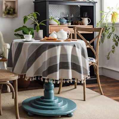 Στρογγυλό Τραπεζομάντηλο Ριγέ Τραπεζομάντηλο Φούντα Διακόσμηση Λινό Κάλυμμα Τραπεζιού Τσαγιού Κομψό Πρωτοχρονιάτικο Τραπεζομάντηλο Στρογγυλό Τραπεζομάντιλο Γάμου