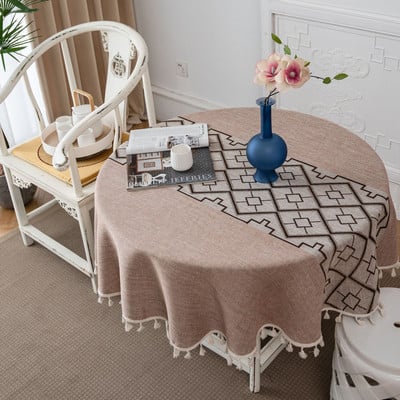 Στρογγυλό Τραπεζομάντηλο Ριγέ Τραπεζομάντηλο Φούντα Διακόσμηση Λινό Κάλυμμα Τραπεζιού Τσαγιού Κομψό Πρωτοχρονιάτικο Τραπεζομάντηλο Στρογγυλό Τραπεζομάντιλο Γάμου