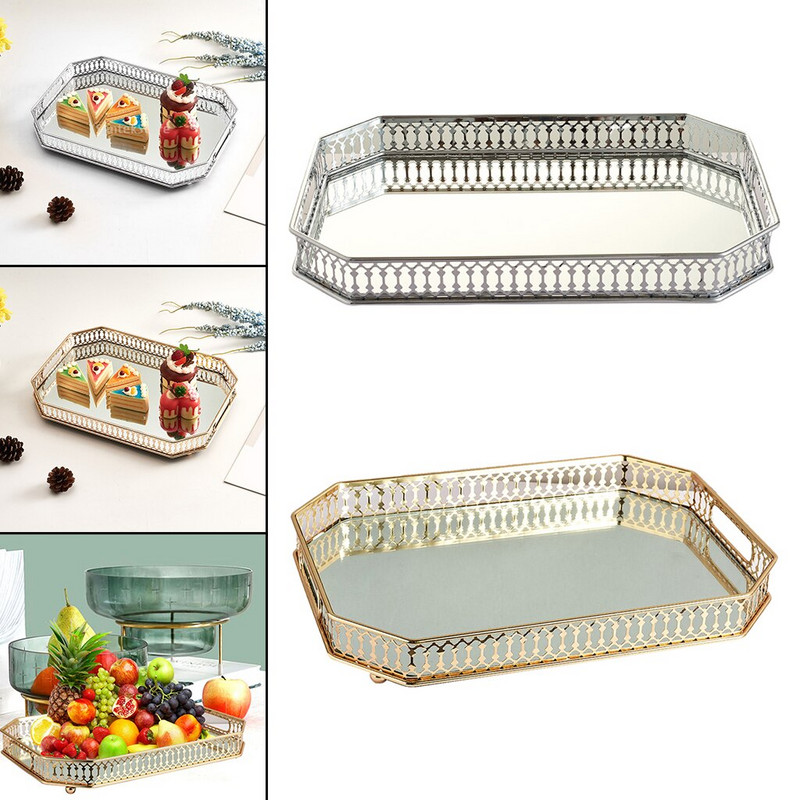 Tavă cu oglindă dreptunghiulară Farfuri de depozitare pentru parfumuri cosmetice Tavă cu oglindă de vanitate retro pentru afisare Bijuterii Comodă Decor oglindă