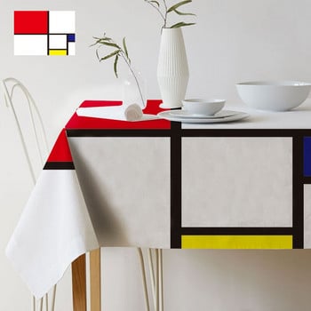 Geometric Color Art Mondrian Plaid Pattern Decor Style Life Водоустойчива ленена покривка за маса Домашна галерия Бюро Декоративна покривка