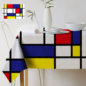 Geometric Color Art Mondrian Plaid Pattern Decor Style Life Водоустойчива ленена покривка за маса Домашна галерия Бюро Декоративна покривка