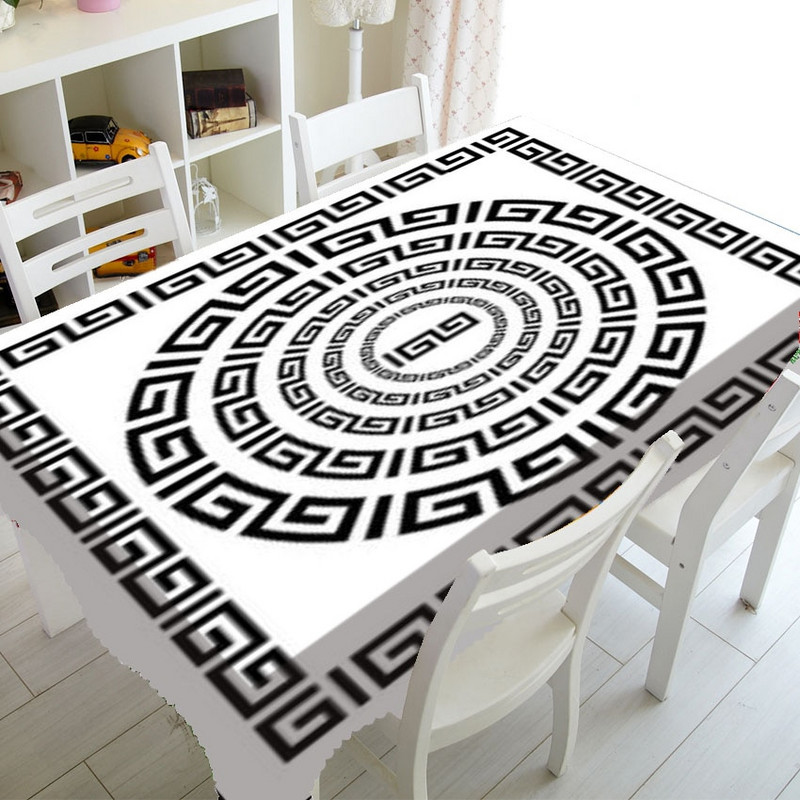 Must-valge kreeka võtmega äärisega lauakatted laudlina peo sisekujunduseks Geomeetriline kreeka kaunistuskunst laudlina ristkülik