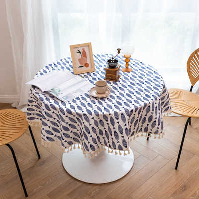 Japoniška medvilninė lininė apvali staltiesė su nėriniais mėlyna žuvimi ir kriauklyte Kalėdų puošmena valgomojo stalo užtiesalas namų sodo arbatai