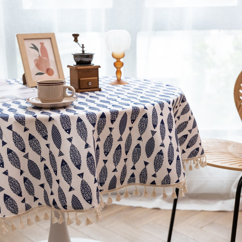 Japoniška medvilninė lininė apvali staltiesė su nėriniais mėlyna žuvimi ir kriauklyte Kalėdų puošmena valgomojo stalo užtiesalas namų sodo arbatai