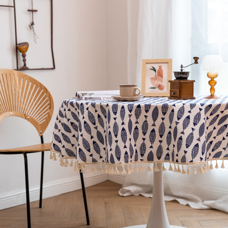 Japoniška medvilninė lininė apvali staltiesė su nėriniais mėlyna žuvimi ir kriauklyte Kalėdų puošmena valgomojo stalo užtiesalas namų sodo arbatai