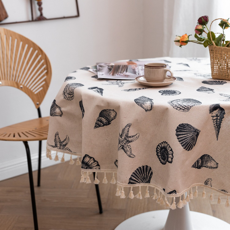 Japoniška medvilninė lininė apvali staltiesė su nėriniais mėlyna žuvimi ir kriauklyte Kalėdų puošmena valgomojo stalo užtiesalas namų sodo arbatai