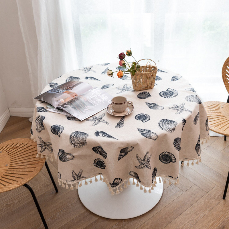 Japoniška medvilninė lininė apvali staltiesė su nėriniais mėlyna žuvimi ir kriauklyte Kalėdų puošmena valgomojo stalo užtiesalas namų sodo arbatai