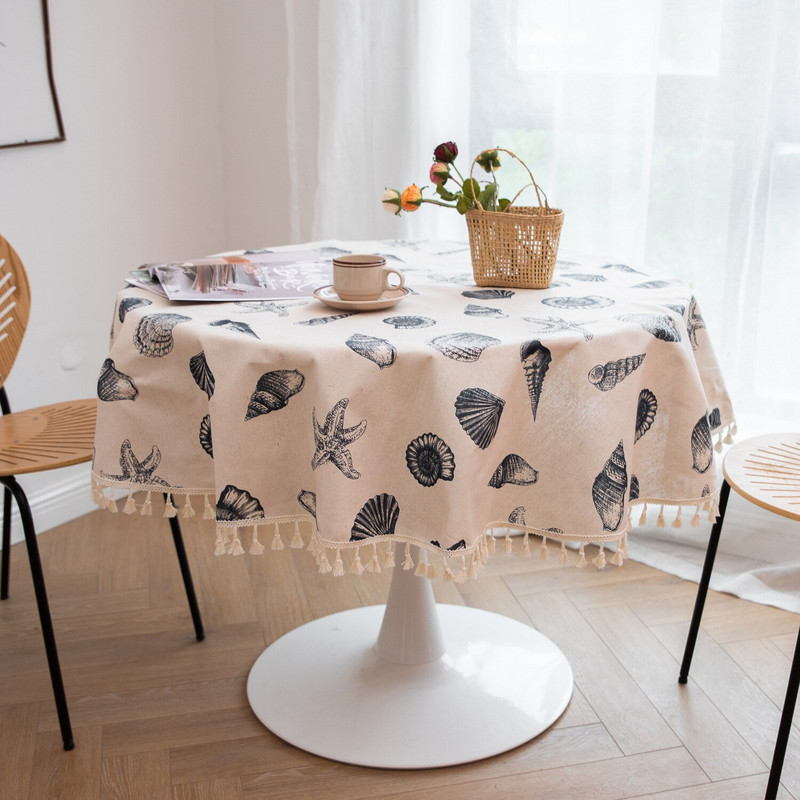 Japoniška medvilninė lininė apvali staltiesė su nėriniais mėlyna žuvimi ir kriauklyte Kalėdų puošmena valgomojo stalo užtiesalas namų sodo arbatai