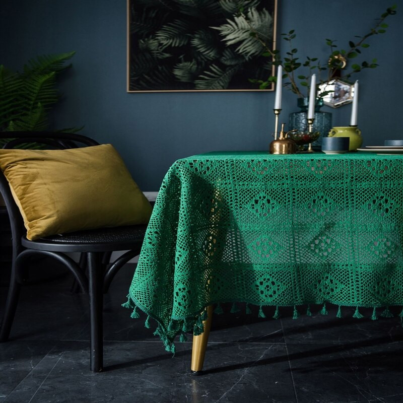 Zöld csipke terítő Kézi horgolt téglalap asztalterítő Kötött étkezőasztal dekoráció Tea terítők Otthoni dekorációs pelenka
