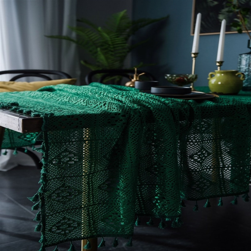 Zöld csipke terítő Kézi horgolt téglalap asztalterítő Kötött étkezőasztal dekoráció Tea terítők Otthoni dekorációs pelenka