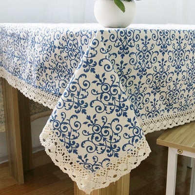 Retro modrý a biely porcelánový obrus z čínskej klasickej bavlny a ľanu, poťah na nočný stolík s kotlom a chladničkou