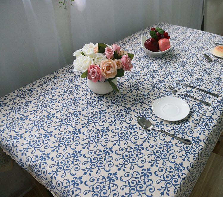 Retro modrý a biely porcelánový obrus z čínskej klasickej bavlny a ľanu, poťah na nočný stolík s kotlom a chladničkou