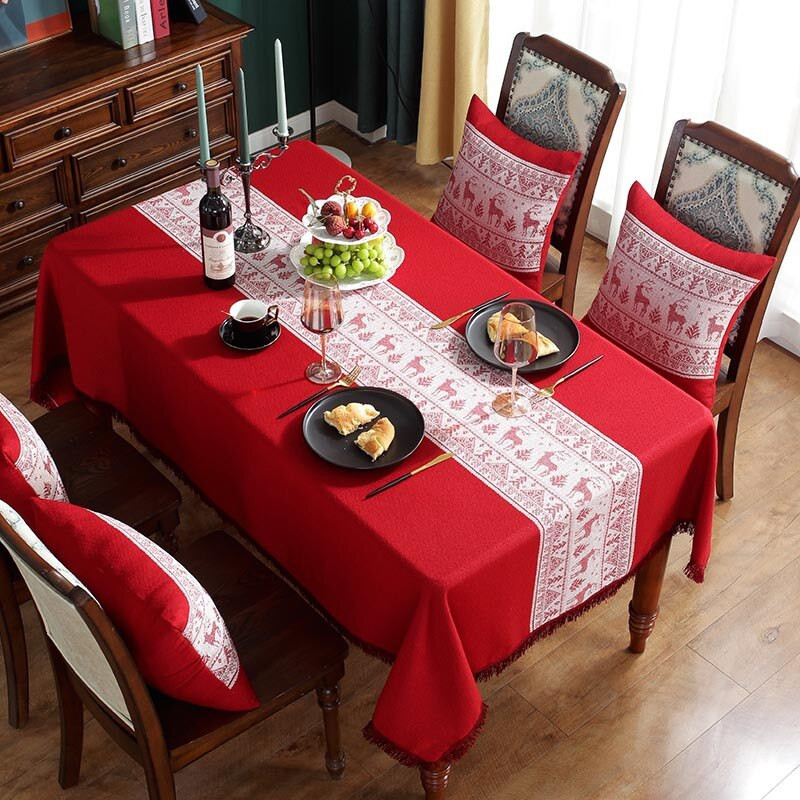 Vianočný obdĺžnikový obrus, látka, domáci elegantný jeleň, biela, sivá, červená, štvorcová výšivka, macramé, jedálenský obrus