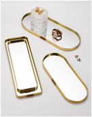 Golden Stroke Ovală Tavă cu oglindă Nordic Modern Proces de galvanizare Bijuterii din metal Depozitare cosmetice Decorare camera de zi C29