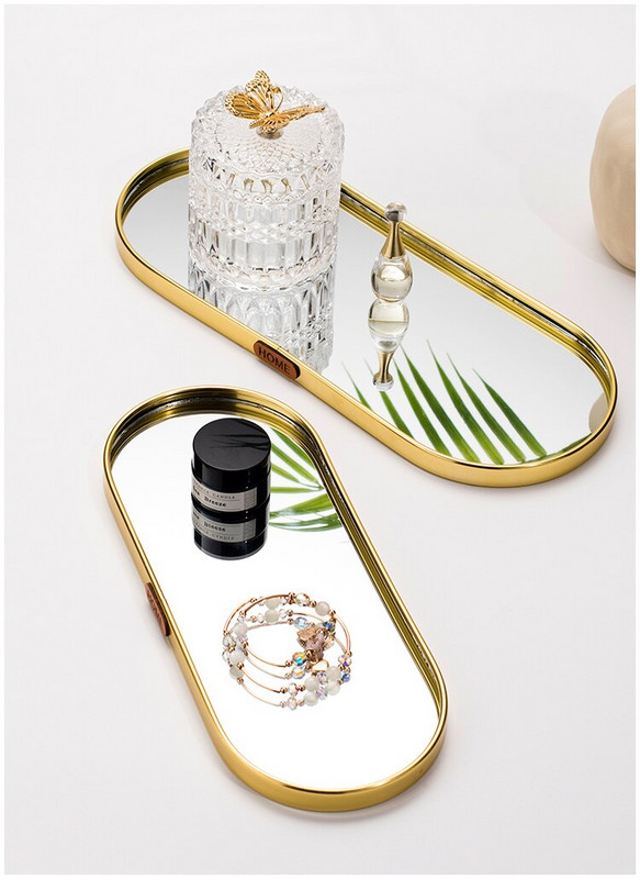Golden Stroke Ovală Tavă cu oglindă Nordic Modern Proces de galvanizare Bijuterii din metal Depozitare cosmetice Decorare camera de zi C29