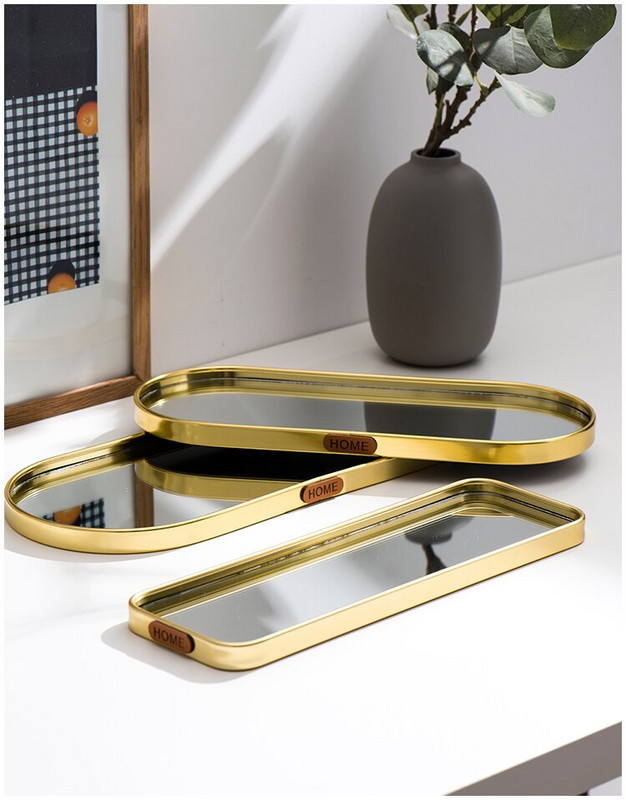 Golden Stroke Ovală Tavă cu oglindă Nordic Modern Proces de galvanizare Bijuterii din metal Depozitare cosmetice Decorare camera de zi C29