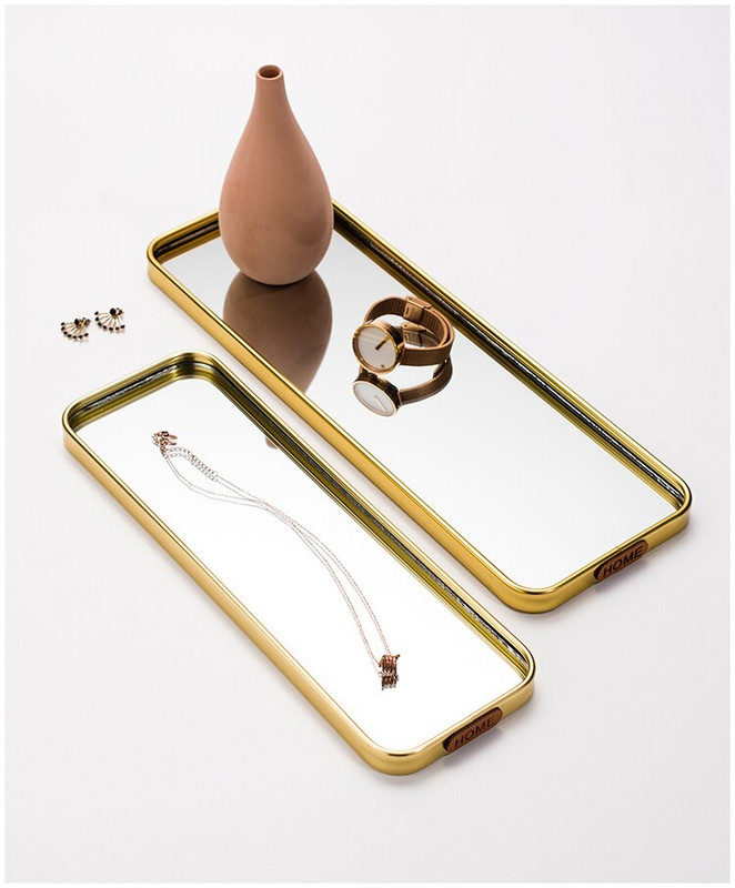 Golden Stroke Ovală Tavă cu oglindă Nordic Modern Proces de galvanizare Bijuterii din metal Depozitare cosmetice Decorare camera de zi C29