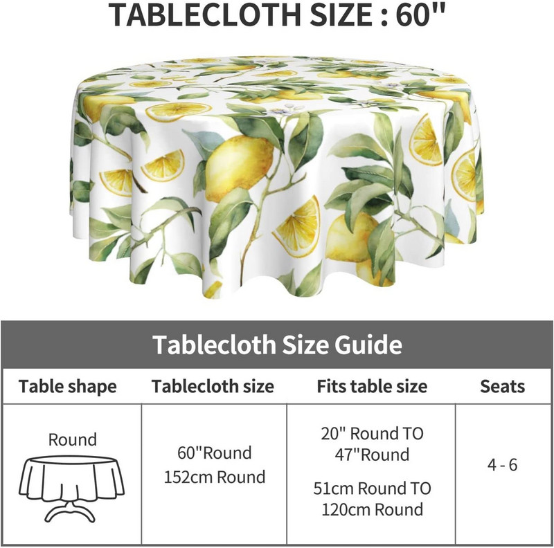 Citrininė staltiesė apvali 60 colių retro akvarelė citrinos geltonos baltos spalvos dekoratyvinė staltiesė, atspari dulkėms, raukšlėms