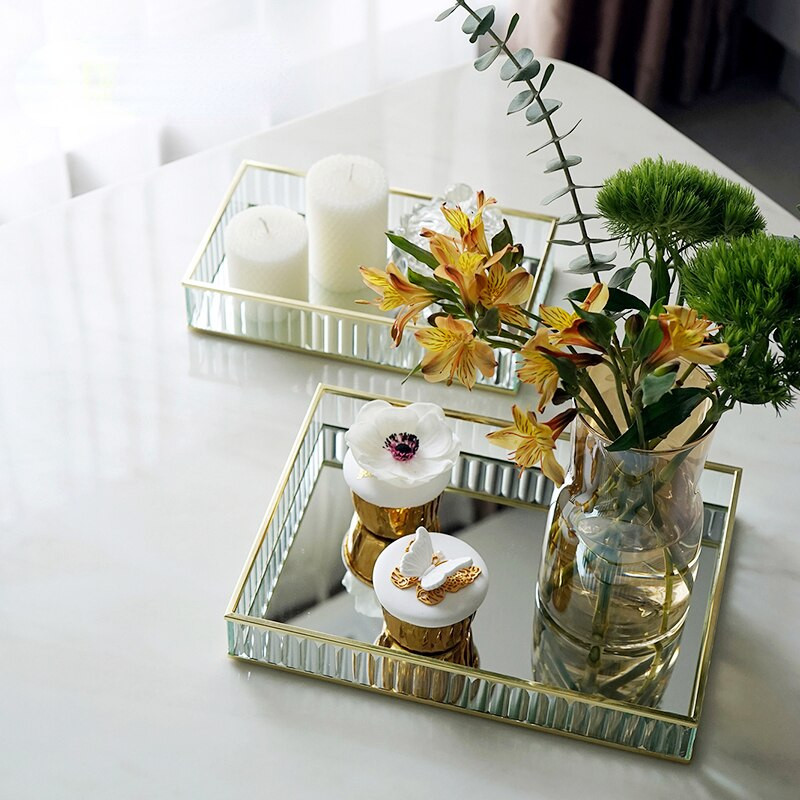 Stiklinis veidrodinis padėklas Auksinis/smulkintas/juodas metalinis kraštas raudono vyno lėkštės dekoravimas laikymo padėklai Tortų įrankiai Namų dekoras Modernūs laikymo padėklai