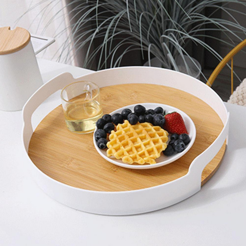 Apvalus serviravimo padėklas, platus pritaikymas maisto laikymo lėkštė Daugiafunkcis kaimiškas bambuko plokštės maisto laikymo lėkštės serviravimo dėklas