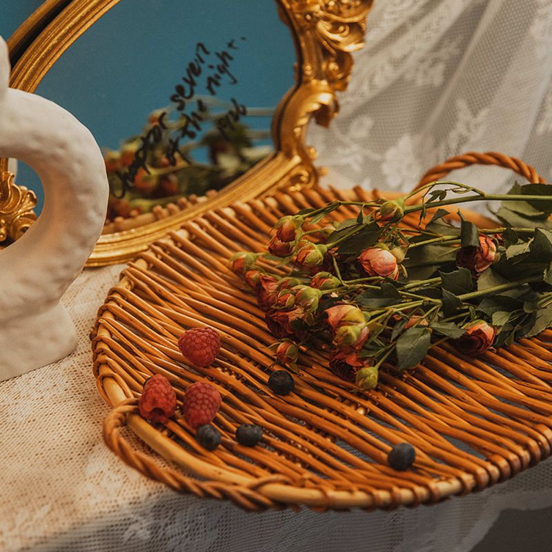 Pâine fructe Tavă de depozitare din ratan Coșuri rotunde de depozitare cu mâner Tavă din ratan țesute manual Coș din răchită Afișare pentru micul dejun