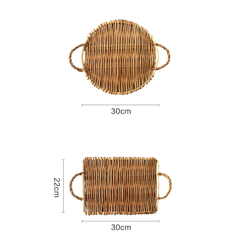 Pâine fructe Tavă de depozitare din ratan Coșuri rotunde de depozitare cu mâner Tavă din ratan țesute manual Coș din răchită Afișare pentru micul dejun