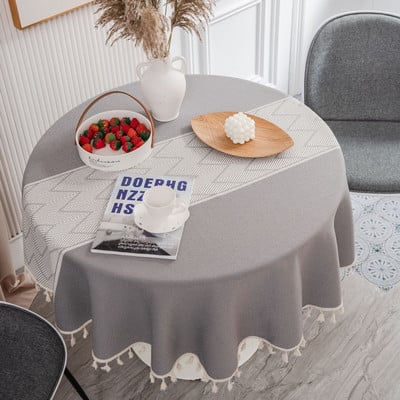 Žakárový okrúhly obrus, kuchynský geometrický obrus, bavlnený ľanový obrus, elegantný chránič stola, strapcová dekorácia