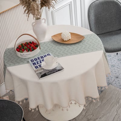 Žakárový okrúhly obrus, kuchynský geometrický obrus, bavlnený ľanový obrus, elegantný chránič stola, strapcová dekorácia