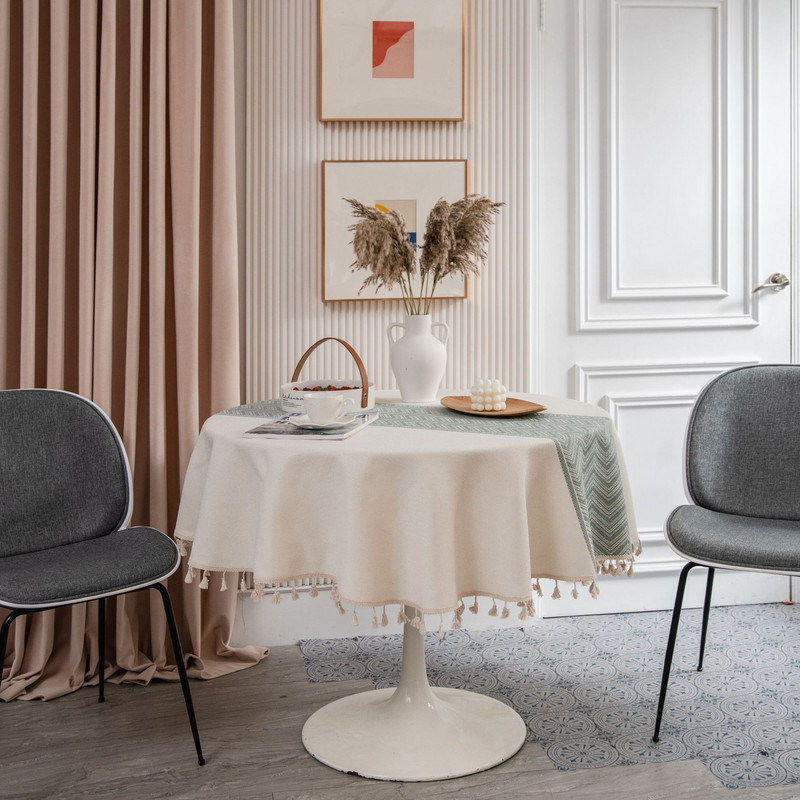Žakárový okrúhly obrus, kuchynský geometrický obrus, bavlnený ľanový obrus, elegantný chránič stola, strapcová dekorácia