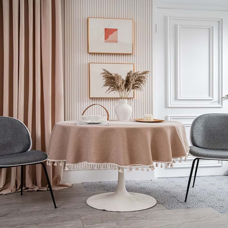Žakárový okrúhly obrus, kuchynský geometrický obrus, bavlnený ľanový obrus, elegantný chránič stola, strapcová dekorácia