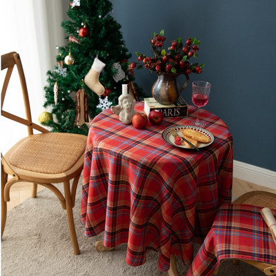 New Ins Wind Nordic Christmas Red Grid Retro terítő pamut és lenvászon Kerek étkezőasztal terítő Dropshipping MOOJOU