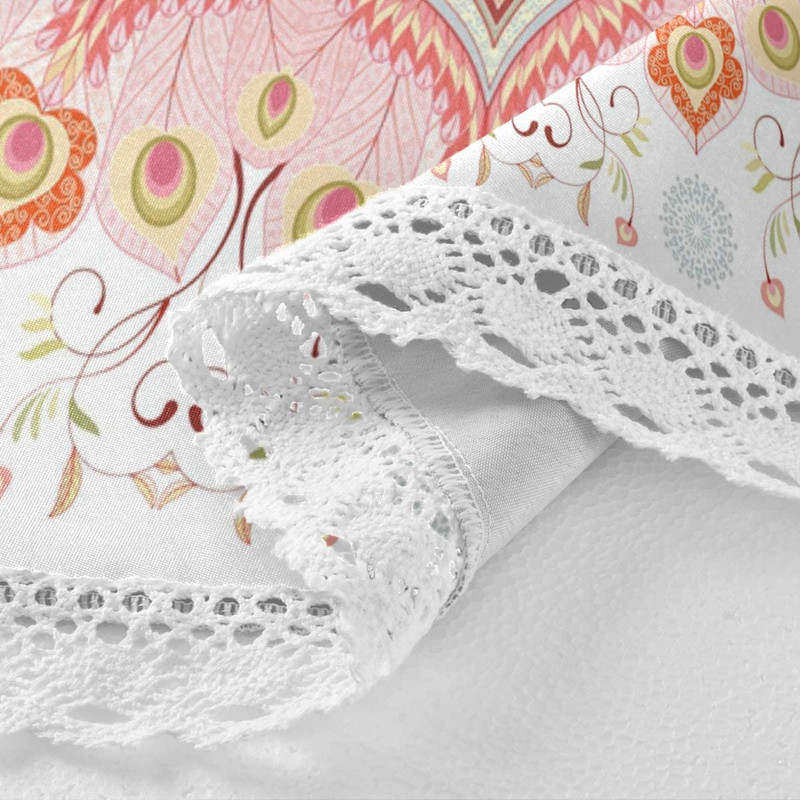 Indiai virágos pávatollak és Paisley kerek vacsoraterítő Hagyományos mandala poliészter fehér csipke terítő 60 hüvelykes