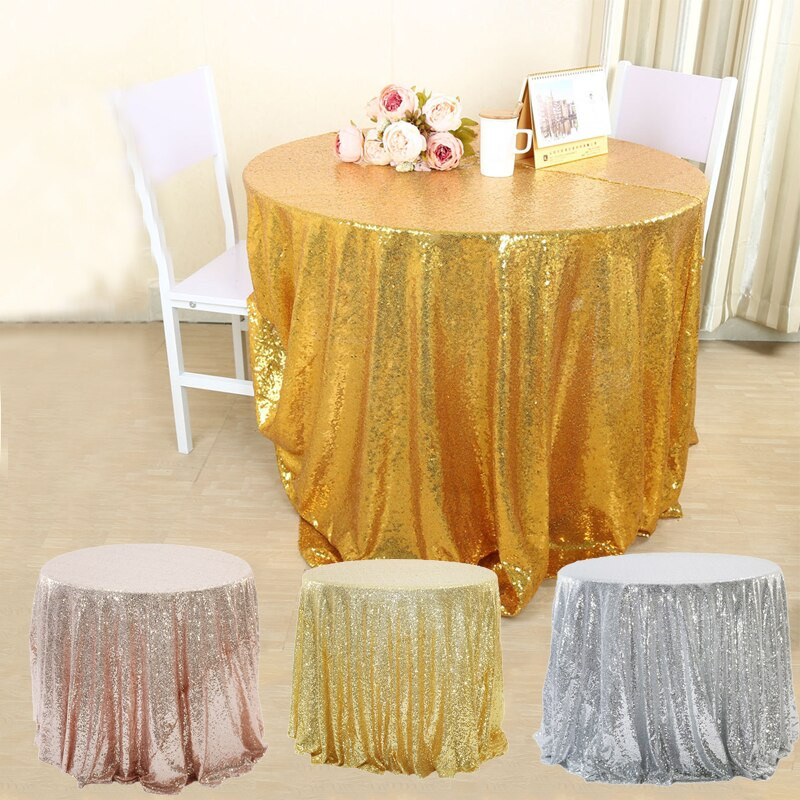 Față de masă rotundă cu paiete brodate de aur roz Față de masă cu paiete sclipici pentru acasă, nuntă, decorare, veselă de masă