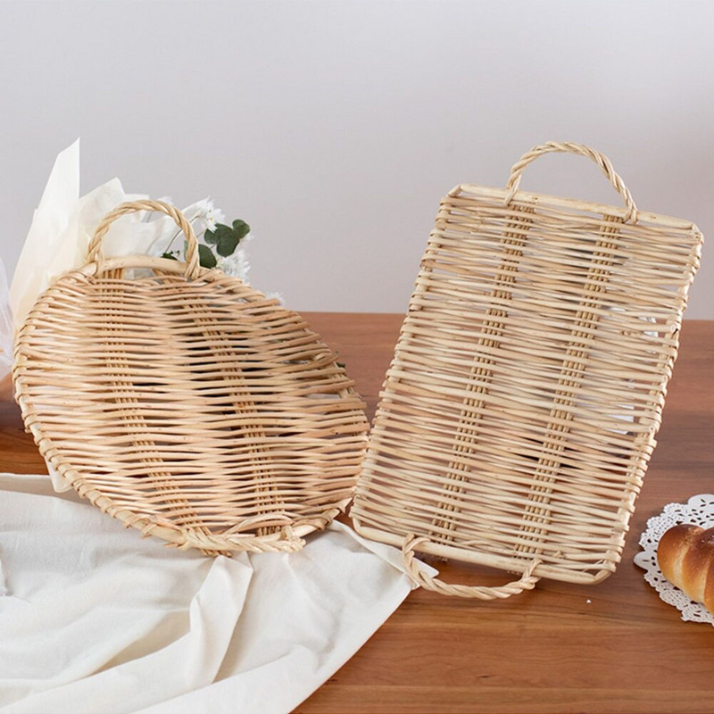 Prútený úložný táck na jedlo, raňajkový košík, klasický panvica na jedlo, domáci chlieb, ovocie, ratanový košík, kuchynské náradie, dekorácie, doplnky