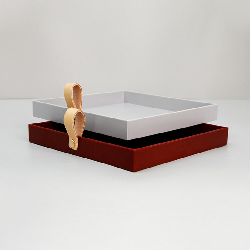 Tavă de depozitare pătrată, culoare solidă, din piele PU, cu mâner, tavă pentru dormitor, pentru birou, cosmetice decorative, bijuterii, articole diverse, organizator de afișare