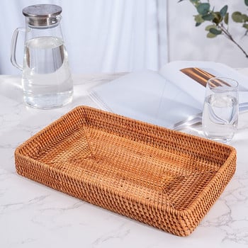 Δίσκος σερβιρίσματος Rattan Wicker Ορθογώνιος διακοσμητικός οργανωτής για τραπεζάκι σαλονιού, ποτά με φρούτα, σνακ Πιατέλα μπάνιου Αποθήκευση κουζίνας