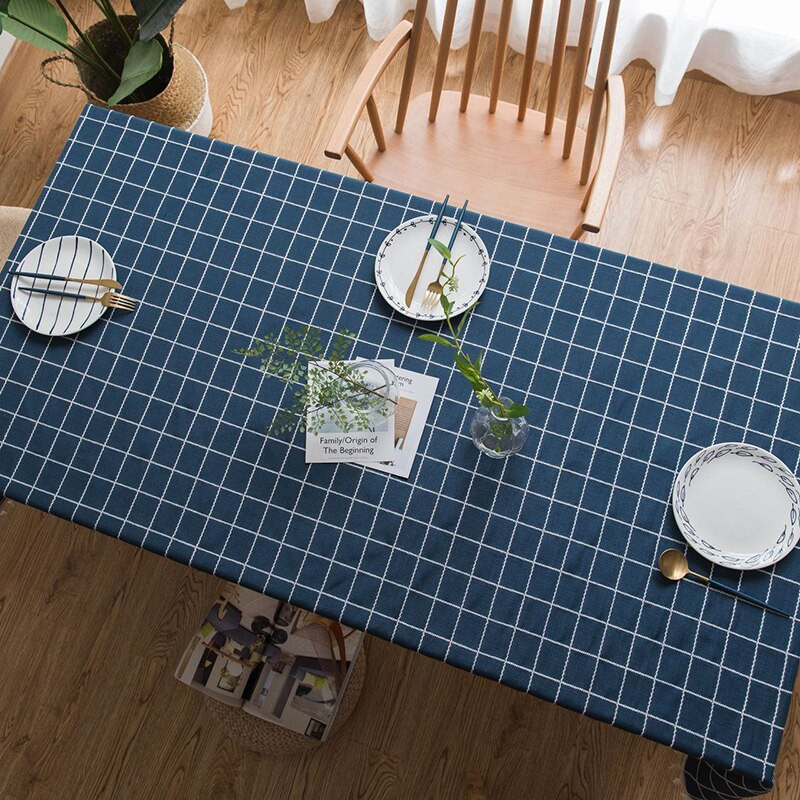 Față de masă din in carouri cu dungi bleumarin cu ciucuri Husă de masă dreptunghiulară impermeabilă Toalha De Mesa