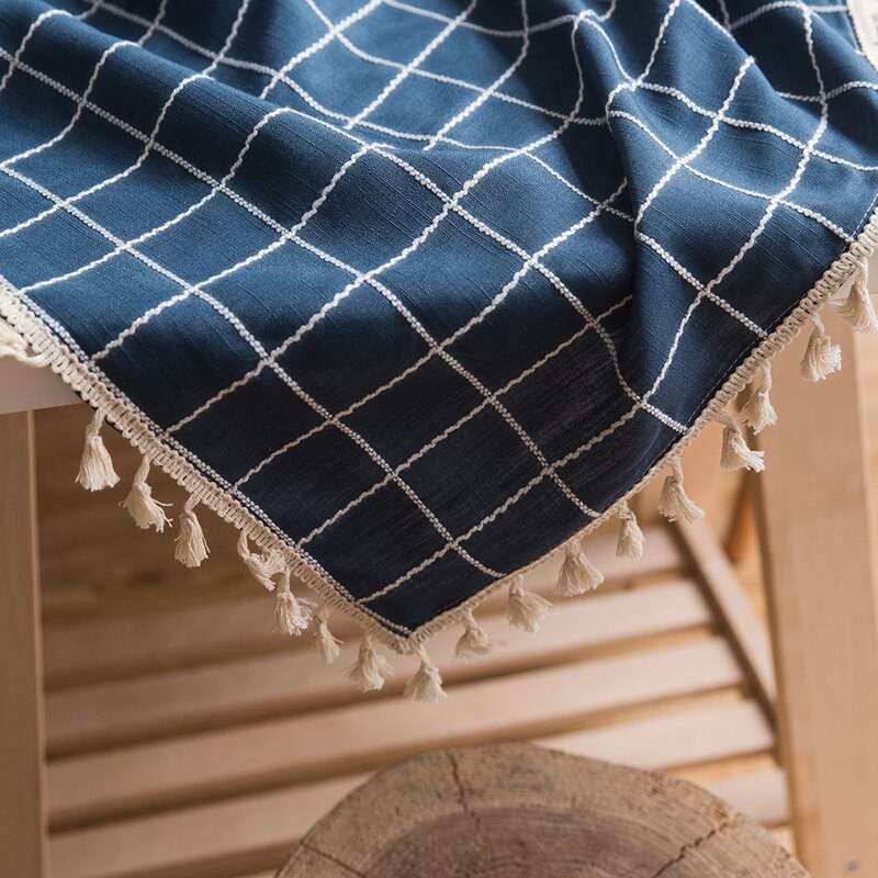 Față de masă din in carouri cu dungi bleumarin cu ciucuri Husă de masă dreptunghiulară impermeabilă Toalha De Mesa