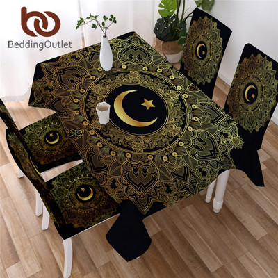 BeddingOutlet Arany Mandala terítő Star Moon Vízálló terítő Székhuzatokkal Virág Dekoratív Asztalhuzat 140x200