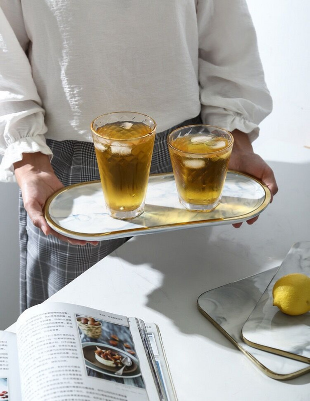 Luksuzni ružičasto plavi crni mramorni keramički pladanj za pohranu Ovalni elipsasti pladanj s voćem Ukrasni tanjur Posuda za pohranjivanje nakita i deserta